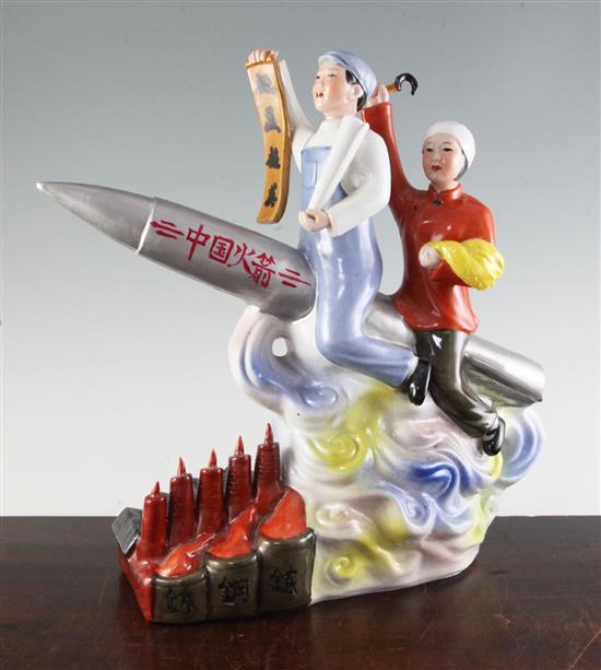 A mid/late 20th century Chinese propaganda polychrome ceramic group, 14.5in.